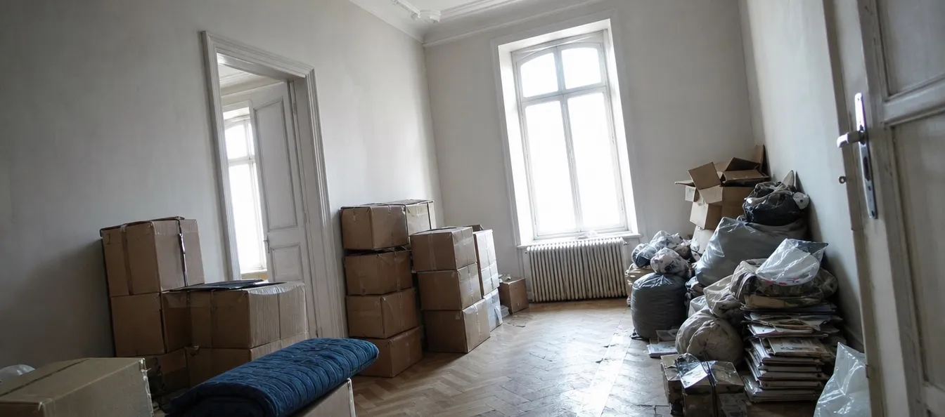 Teilweise geräumte Wiener Altbauwohnung mit freigelegtem Parkett